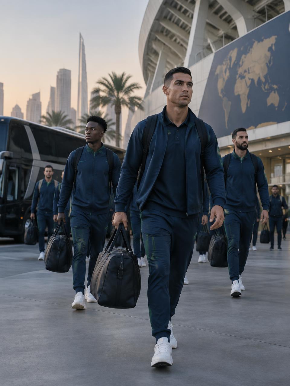 Delegación profesional llegando a un estadio durante una gira deportiva